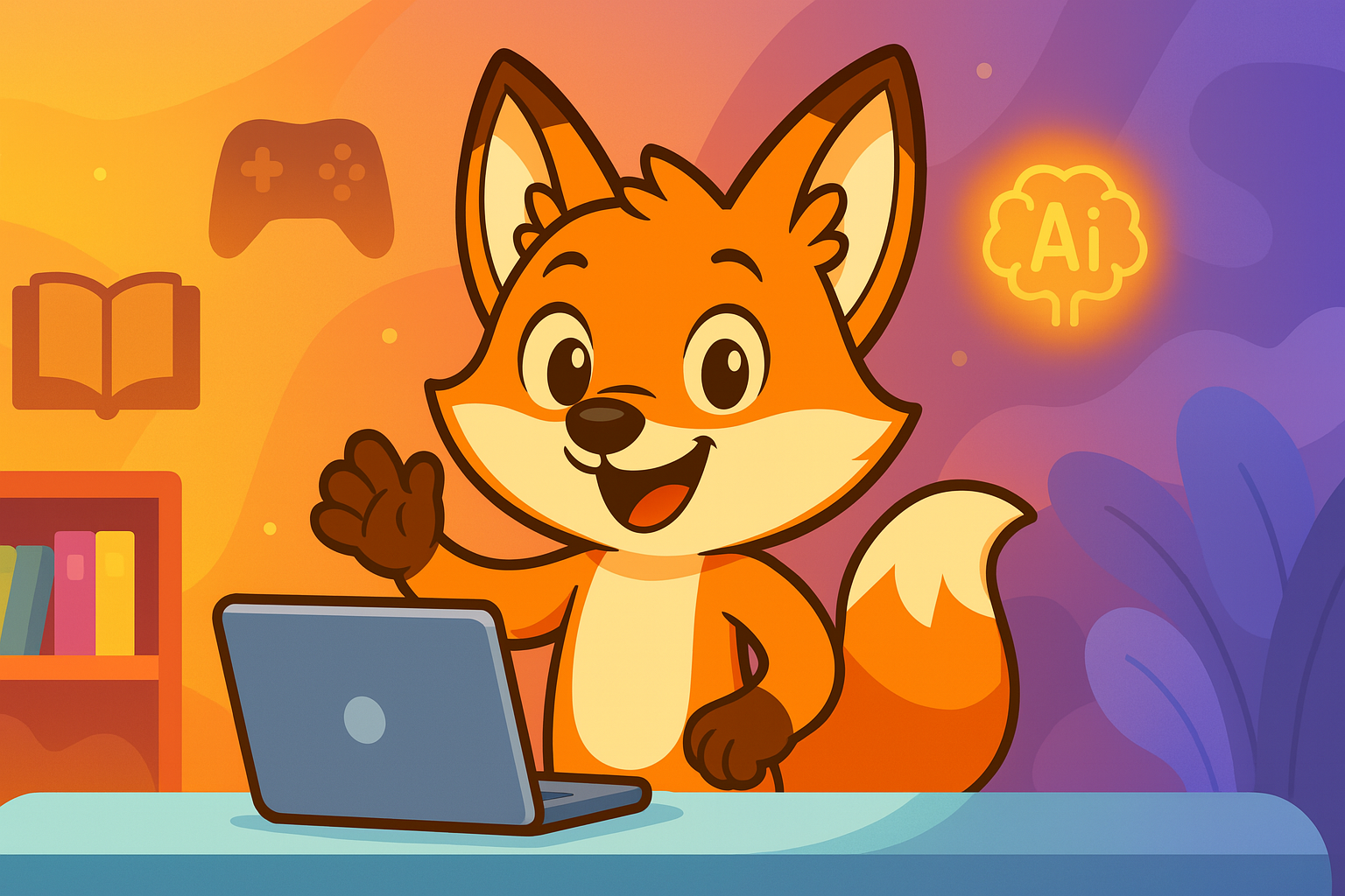 Ilustración de la mascota de FoxMind, un zorro, usando una laptop